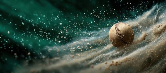 Baseball in motion, dust and debris