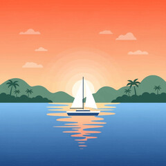 Naklejka premium Sailboat on calm water with tropical islands at sunset.