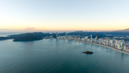 Fototapeta premium Aerial panoramic view of Balneario Camboriu, Santa Catarina, Brazil, with skyline and island.