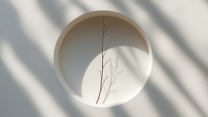 A delicate branch, subtly highlighted against a soft, neutral backdrop, creating a tranquil and serene aesthetic in a circular recess.