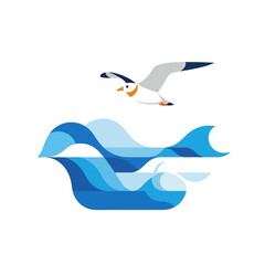 A seagull flies above stylized blue ocean waves.