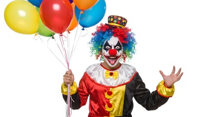 clown with balloons in hand with scary expression with halloween theme with white isolated background