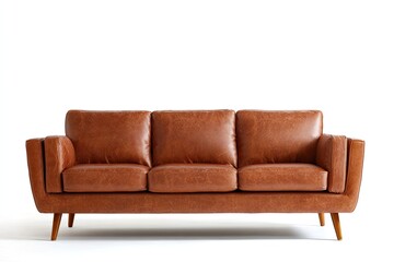 Tan leather sofa against white backdrop