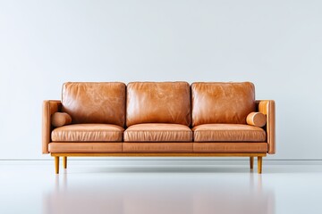 Fototapeta premium Light beige leather couch against a plain white wall