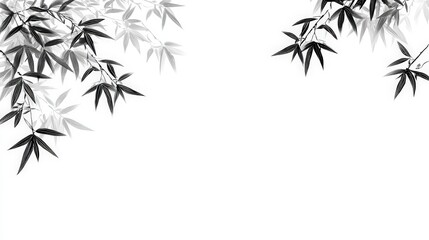 Naklejka premium Elegant monochrome illustration featuring stylized bamboo branches with detailed leaves, set against a clean white background.