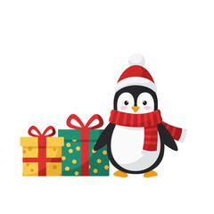 Festive Penguin with Gifts, Wearing Hat and Scarf