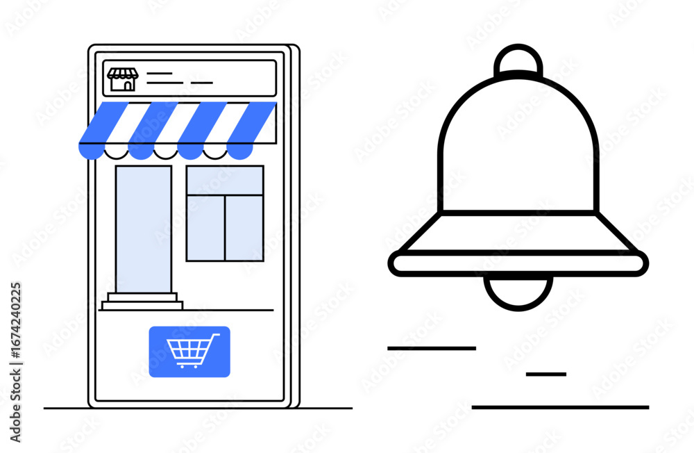 Poster digital storefront with shop awning and shopping cart button beside a ringing notification bell. ide