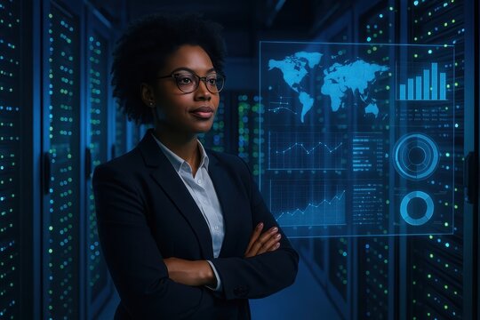 Female Tech Executive Leading AI Development Team in State-of-the-Art Server Room Facility