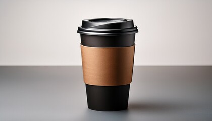 black coffee cup with a brown paper sleeve