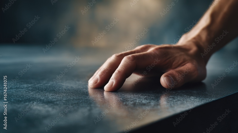 Aufkleber focused medium shot on a sleek antiscratch tile with a hand gently touching the surface to demonstra