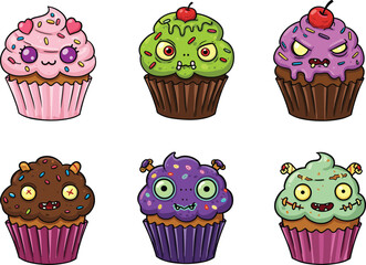 PrintAdorable and Scary Monster Cupcake Vector Set for Halloween Parties, Kids Designs, Stickers, Cards, and Digital Art Projects