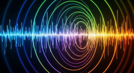 Vibrant visualization of a digital sound wave with a colorful rainbow spectrum and concentric circles representing audio frequency and sonic energy