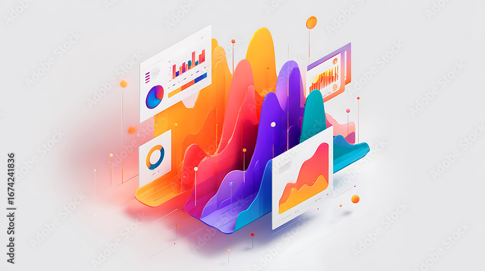 Aufkleber abstract 3d visualization of colorful data charts and graphs with glowing effects