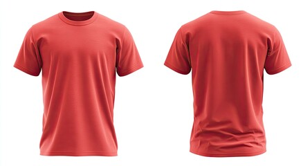 Front and back view of a coral-red unisex t-shirt.  A vibrant coral-red t-shirt,  modelled, displayed  front and back against a white background.  Short sleeves and round neckline
