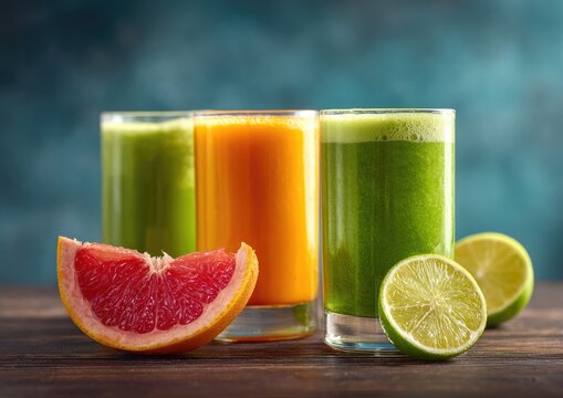 Three colorful fruit juices in glasses (2) - Powered by Adobe