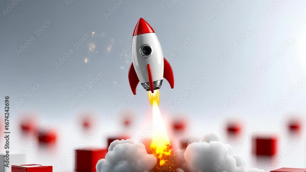 Poster rocket launch simulation demonstrating ascent and smoke effects in a futuristic setting with block e