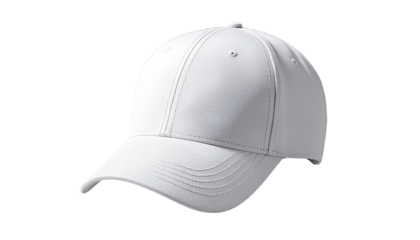 Floating white baseball cap isolated on a transparent background with copy space