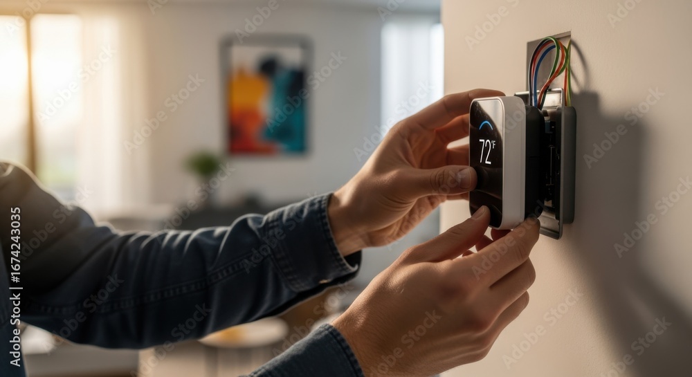 Poster person aligning a smart thermostat module onto a wall bracket while preparing to upgrade home temper