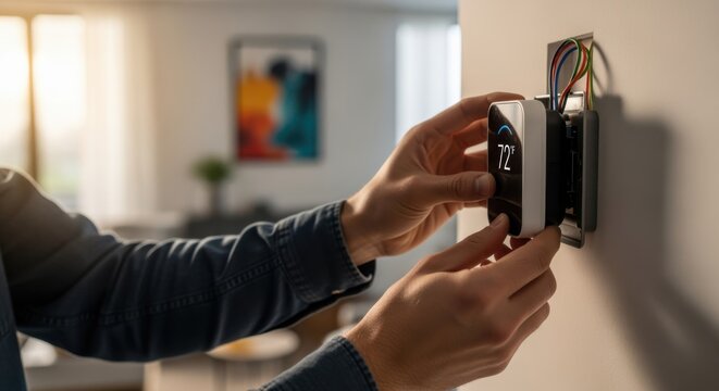 Person aligning a smart thermostat module onto a wall bracket while preparing to upgrade home temperature settings easily.