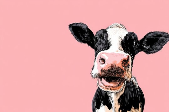 Whimsical and funny digital illustration of a smiling black and white cow on a pastel pink background, ideal for playful branding and marketing