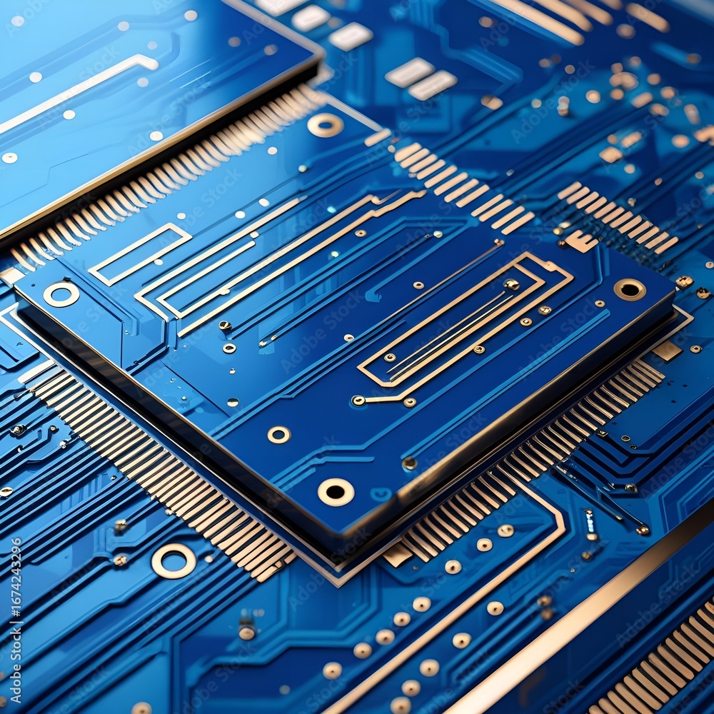 Poster close-up blue technology circuit board pattern with intricate connections and electronic components