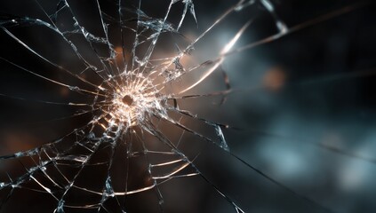 Shattered glass, radial cracks, dark background