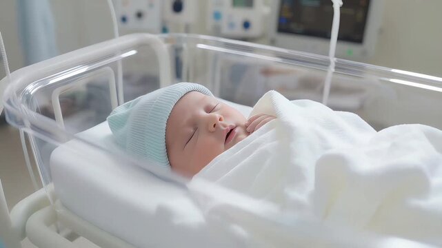 Portrait of a sleeping newborn baby swaddled in a warm blanket inside a transparent hospital bassinet in the maternity ward