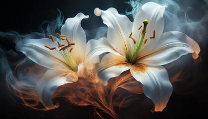 white lilies emerging from smoke