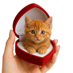 Orange kitten sitting in red heart-shaped gift box held by hand  