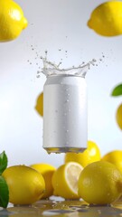 White Soda Can Splash with Lemons on Gray Background