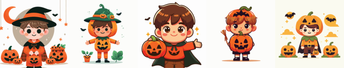 vector of a boy with pumpkin costume