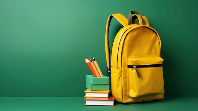 Yellow school backpack with school supplies lying next to it on green background.