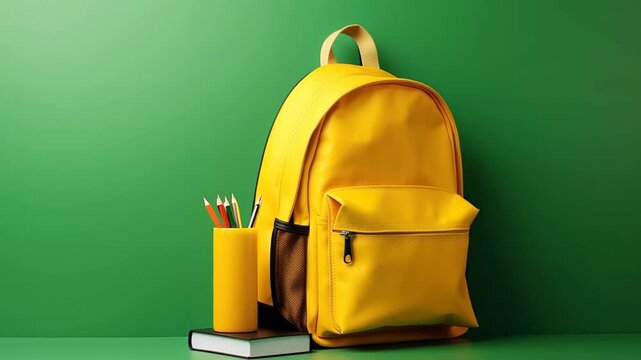 Yellow school backpack with pens and book. Green empty background for your text.