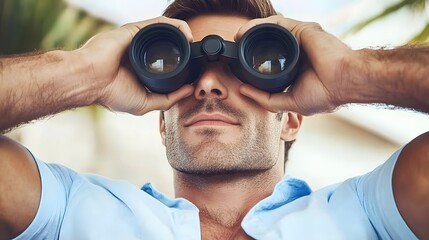 Man Using Binoculars Outdoor Exploration Discovery