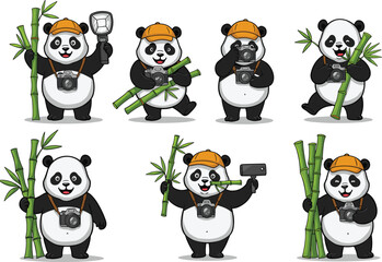 PrintCartoon pandas with cameras and bamboo, photographing and posing in jungle, cute animal adventure vector illustration for nature and wildlife lovers