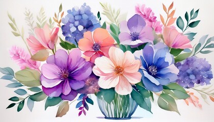 Obraz premium this is a beautiful watercolor flower bouquet the flowers are in shades of pink purple and blue they are arranged in a vase with green leaves and stems the background is white