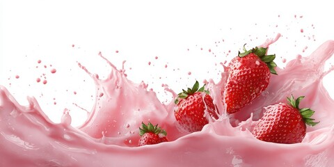 Strawberry Splash: A refreshing image of juicy strawberries plunging into a vibrant pink liquid, creating dynamic splash, a perfect representation of fresh, natural ingredients. 
