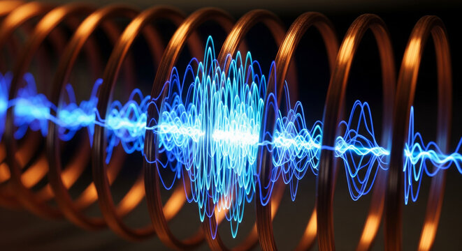 Glowing blue plasma energy beam and complex waveform inside a copper electromagnetic coil, representing signal transmission or particle acceleration - Powered by Adobe