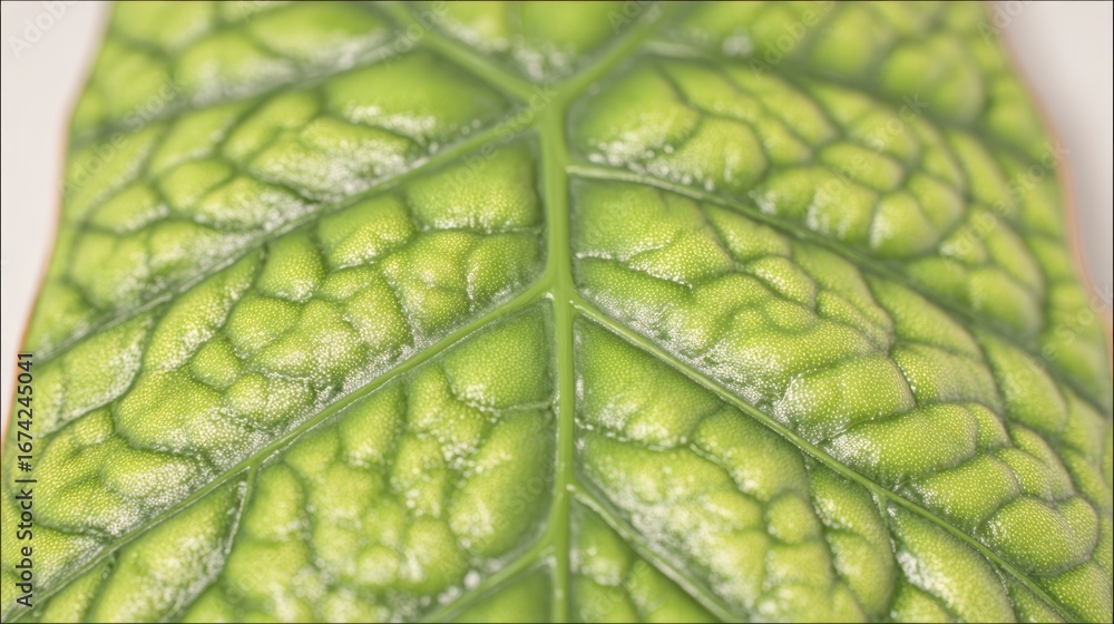 Poster close-up view of a vibrant green leaf showcasing intricate patterns and textures in natural light