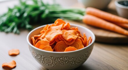 Carrot chips in bowl with fresh carrots and greens on a wood table