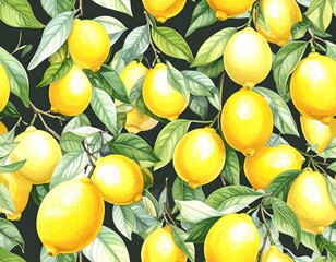 Lemons and leaves on black backdrop