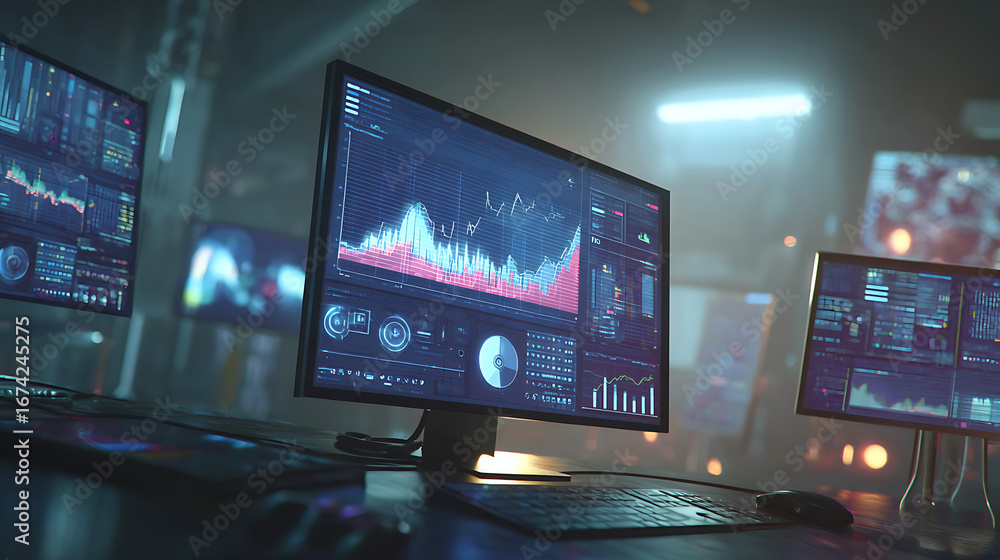 Aufkleber Modern trading room with multiple computer screens displaying financial data and charts