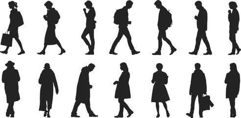Urban silhouettes, walking people, backpacks, bags, street style, motion, pause, crowd, city life, human shapes, fashion, behavior, diversity, side view, three-quarter view, pedestrian scene