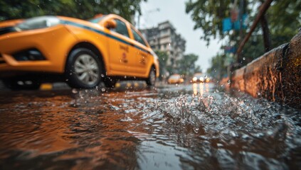 Fototapeta premium A rainy city street, close-up on puddles