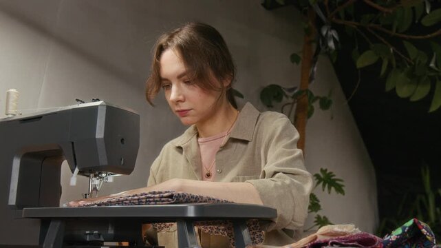 Medium low-angle shot of bautiful young Caucasian feale tailor apprentice seamng parts of garment on sewng machine in atelier, focsing on quality and precison of manual work
