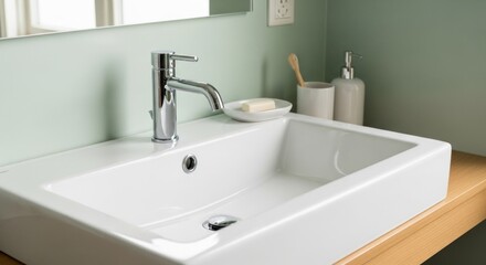 Clean white bathroom sink with faucet, soap, toothbrush, and dispenser
