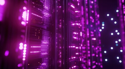 Illuminated server racks in a data center, showcasing vibrant pink and purple lights.