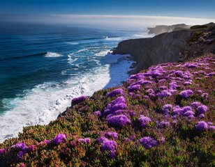 purple flowering plants grow on cliff with ocean waves below