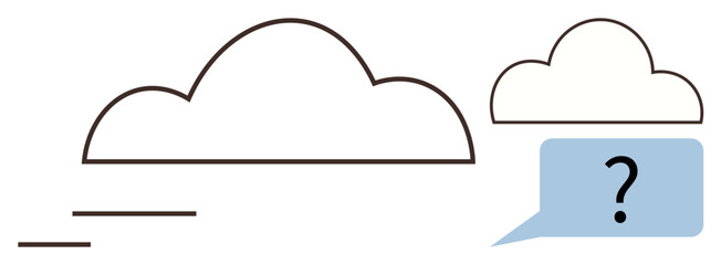 Two cloud shapes, one larger, and one smaller with a blue speech bubble featuring a question mark. Ideal for technology, communication, information exchange, cloud services, data sharing