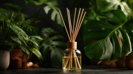 A reed diffuser sits amidst lush, green foliage, creating a tranquil and aromatic atmosphere.